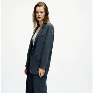Zara OVERSIZED FLOWY BLAZER NAVY BLUE NEW thumbnail 6