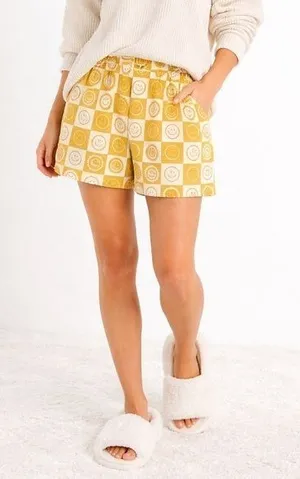 Mighty Fine Smiley Sun Graphic Lounge Shorts Yellow White Alt Lounge Retro Indie thumbnail 1