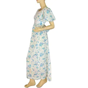 Vintage Circa 1970'S White W/Blue Floral Print Empire Waist Maxi Dress (S) thumbnail 2