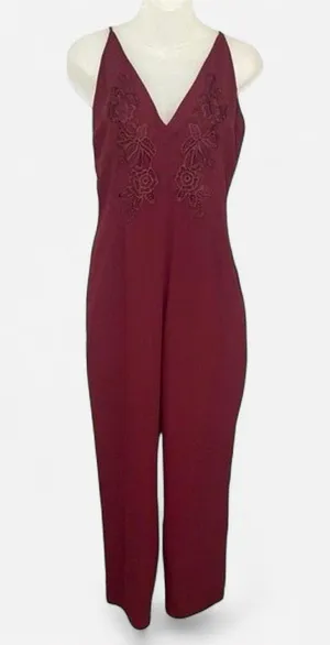 Leith Burgundy Embroidered V Neck Jumpsuit Size Small thumbnail 1
