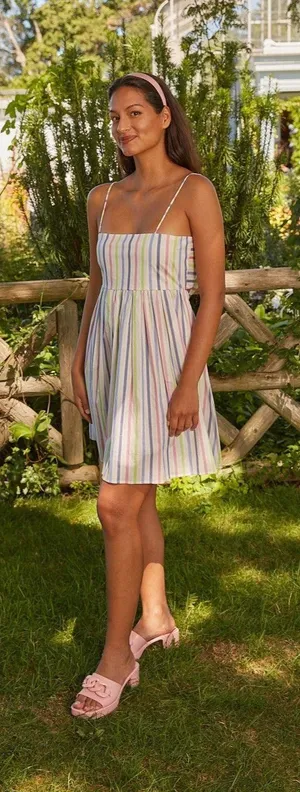 Taylor Tillan Mini Dress Womens XS Multi Color Stripe Tie Back Sun Dress thumbnail 1