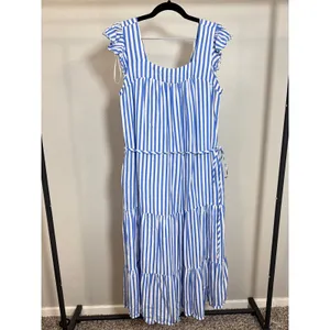 Draper‎ James RSVP Blue White Striped Tiered Midi Dress Ruffle Sleeve Small thumbnail 4