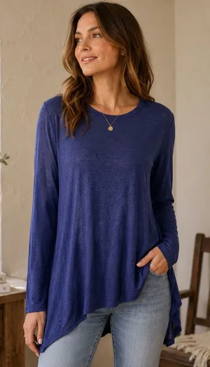 BCBGMAXAZRIA Shae High-Low Tunic Top Navy Blue‎ Silk Blend Long Sleeve M thumbnail 1