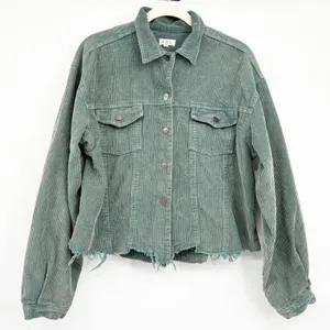 POL Womens Blue Green Corduroy Raw Hem Boho Grunge Trucker Jacket Size L thumbnail 2