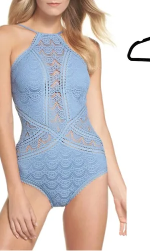 Becca Rebecca Virtue Crochet Lace High Neck One Piece Swimsuit Blue S NWOT‎ thumbnail 1