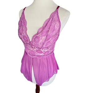 Gorgeous! Lilac Satin Lace Rose Negligee Open Crotch S thumbnail 3