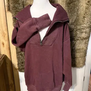 AERIE Maroon Half-Zip Ribbed Funnel Neck Oversized XS Sweatshirt thumbnail 5