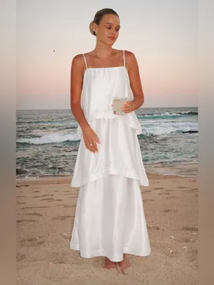 NWOT Show Me Your Mumu Ella Tiered Maxi Dress size Small S white ivory satin thumbnail 2
