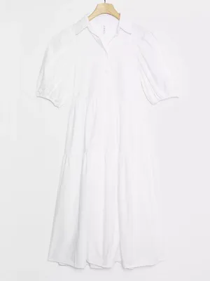 Anthropologie‎ Amadi Cordelia Tiered Midi Shirtdress White Poplin Womens Size M thumbnail 2