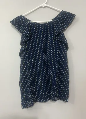 Loft Navy Blue Clip Ruffle Tiered Shirt Medium beach flowy thumbnail 1
