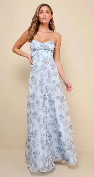 NWT Lulu's Chic Preciousness Blue Floral Organza Bustier Maxi Dress Size Medium thumbnail 1