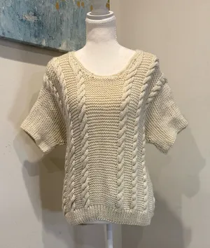 Cream Cable Knit Short-Sleeve Sweater homemade knit womens size xs ptp 17” L 24” thumbnail 1