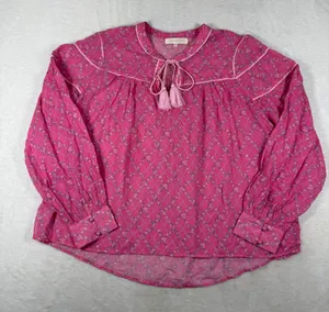 LoveShackFancy Pink Floral Cotton Tie Neck Tassel Peasant Blouse Small thumbnail 1