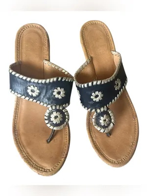 Jack Rogers Navy Blue Leather Cork Wedge Goldtone Flecked Thong Sandals 8 thumbnail 2