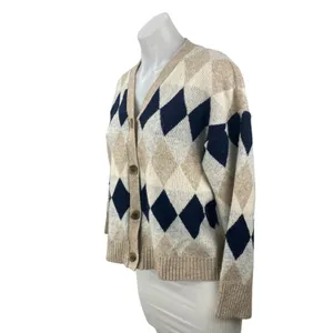 Zizae Women's Beige Argyle Diamond Long Sleeve Button Up Cardigan Sweater Size M thumbnail 3