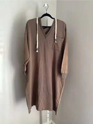 POL Vintage Washed V-Neck Long Sleeve French Terry Hoodie Lounge Dress Taupe thumbnail 4
