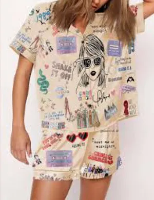 Source Unknown Women’s XL Taylor Swift Button Down Short Pajama Set Silky Like Fabric Swiftie thumbnail 1