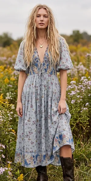 Free People Bohemian Billowy Cottage Lysette Maxi Dress Periwinkle Floral Medium thumbnail 1