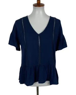 Hem And Thread Top Small‎ Blue Ruffle Sleeve Textured Boho Lightweight Blouse thumbnail 1