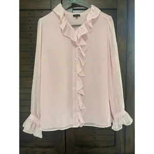 Talbots Women’s Large Pink Ruffle Blouse Button Down Sheer Sleeves Career Party thumbnail 2