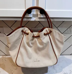 Michael Kors Montauk canvas shoulder bag cream fabric brown leather handles Y2K thumbnail 1