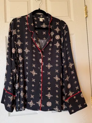 H&M Patterned Pajama Shirt - Black/Tan Satin Top Blouse - Size 12 thumbnail 3