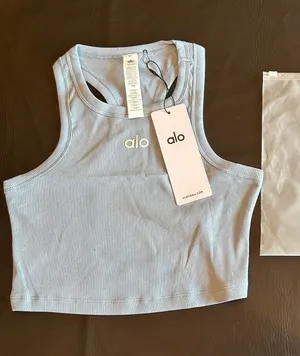 Alo Yoga Ribbed Crop Tank Top Women’s Light Blue Athletic Workout Fitted Racerba thumbnail 1