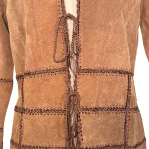 Vintage Brown Suede Tie Front Jacket Boho Western Patchwork Y2K Festival Hippie thumbnail 3
