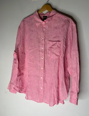 Gap Pink &‎ White Striped Linen Button-Down Shirt Womens Size medium NWT thumbnail 1