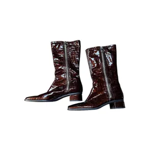 Aquatalia Croc Embossed Patent Leather Square Toe Mid Calf Boots thumbnail 5