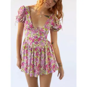 For Love and Lemons Mini Dress Puff Sleeves Floral Silk Paulina Size S Purple thumbnail 5
