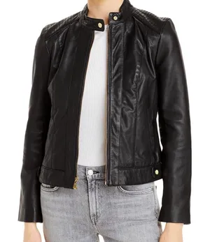 Cole Haan Signature Faux Leather Quilted Biker Jacket Black‎ Gold Size Medium thumbnail 1