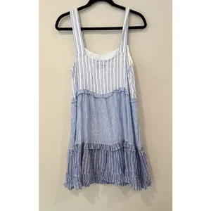 Rails Sandy Mixed Coastal Blue White Ruffled Tiered Linen Dress Sz Small 3025 thumbnail 5