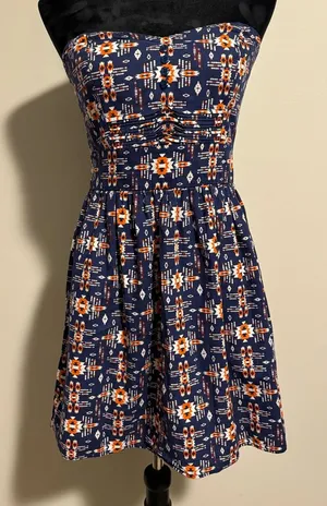 EUC BeBop Blue and Orange Aztec Print Strapless Babydoll Dress size medium thumbnail 1