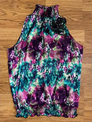 IZ Byer Colorful Sleeveless Blouse Women’s Large Elastic Neck Waist EUC thumbnail 1