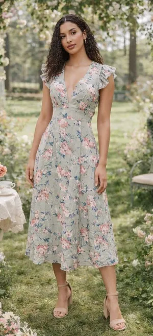 NWT Storia Linen Blend Floral Midi Dress Sage Green Pink V-Neck Size Medium thumbnail 1