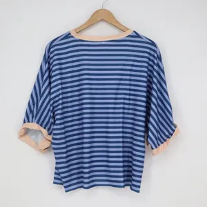 Blue Striped Ringer Tee Short Sleeve Relaxed Fit Boxy Crew Neck Top S With Flaw thumbnail 4