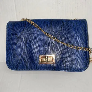Women's Blue Black Snakeskin Faux Leather Gold-Chain Strap Purse Shoulder Bag thumbnail 2