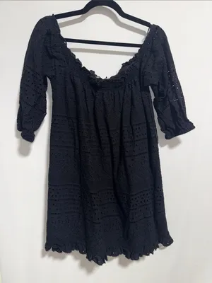 Zara‎ Basic Black Eyelet Embroidery Ruffle Mini Dress Small Boho Puff Sleeve thumbnail 3