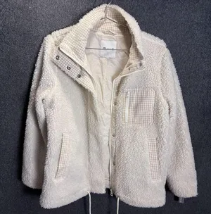 Madewell Cream Sherpa Zip-Up Jacket with Gingham Pockets, Size S thumbnail 1