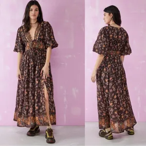 Free People Lysette Maxi Dress Floral Brown Small Bohemian Gypsy Hippie Bells thumbnail 5
