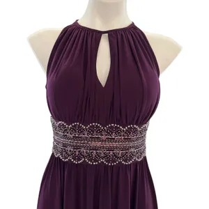 R&M Richards Halter‎ Sleeveless Long Gown Beaded Waist Purple Eggplant Size 4 thumbnail 2