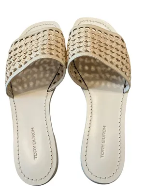 Tory Burch woven Rafia slide sandals beige leather size 6.5 thumbnail 1