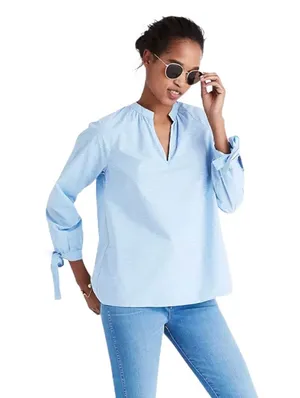 Madewell Light Blue & White Striped Tie-Sleeve Peasant Popover Blouse Top thumbnail 1