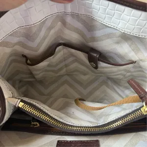 DOONEY & BOURKE Woven Leather Embossed Satchel Bag White Brown Trim Quiet Luxury thumbnail 10