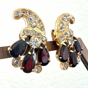Gold-Tone Rhinestone & Deep Red Cabochon Clip-On Earrings thumbnail 2