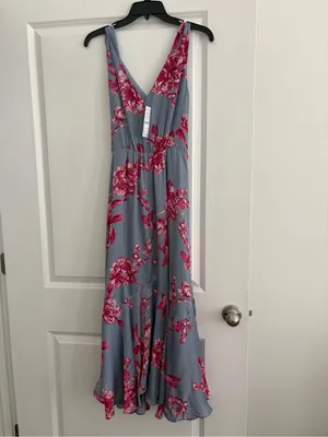 White House Black Market Dusty Blue Maxi Dress with Pink Floral Print thumbnail 4