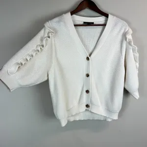 Ann Taylor Cardigan Sweater Womens XL Ivory 3/4 Ruffle Sleeve Button Chunky Knit thumbnail 3