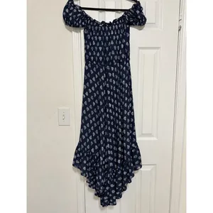 Vintage Havana Navy Floral Off Shoulder Ruffle High Low Maxi Dress Small Boho thumbnail 3
