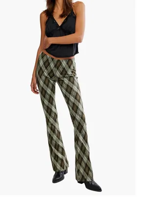 NWT Free People Chloe Plaid Flare Leg Knit Pants Small, OLIVE COMBO thumbnail 7